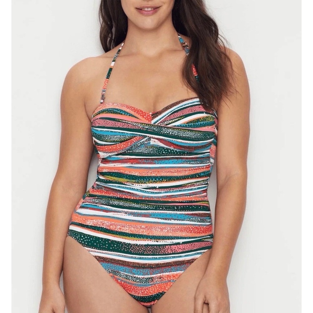 Anne Cole Womens 8 Multi Sand Stripe Twist Front Bandeau One Piece Swimsuit